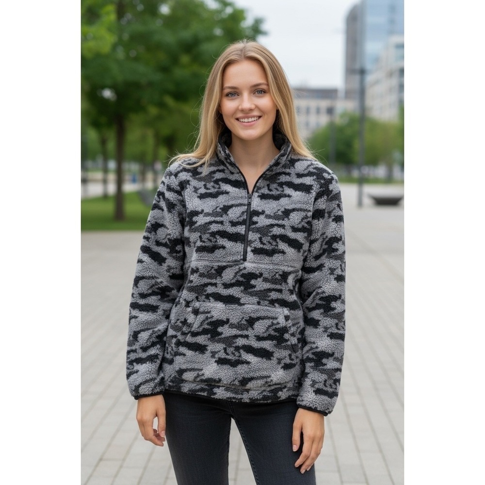 Abound Nordstrom Rack Womens‎ Gray Camo Fleece 1/4 Zip Pullover Jacket Cozy NEW